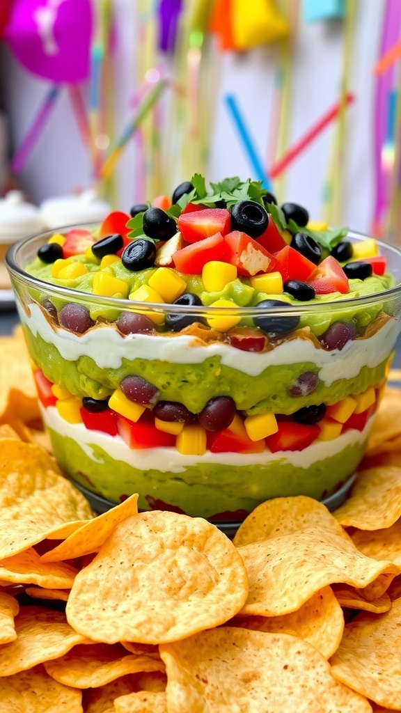 Vegan 7 layer dip in a glass dish with layers of guacamole, refried beans, corn, tomatoes, and olives, served with tortilla chips.